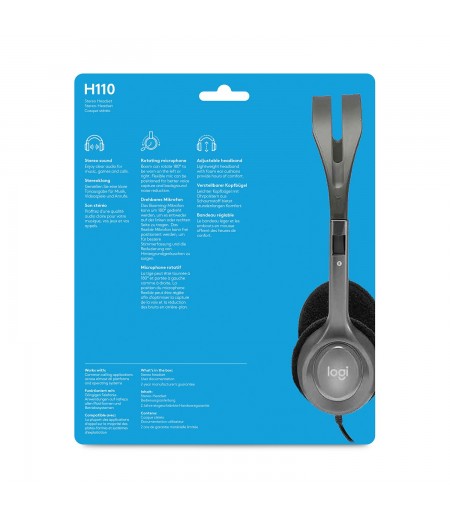 Logitech H110 Wired headset, 3.5-mm Dual Audio Jack, PC/Mac/Laptop- Grey