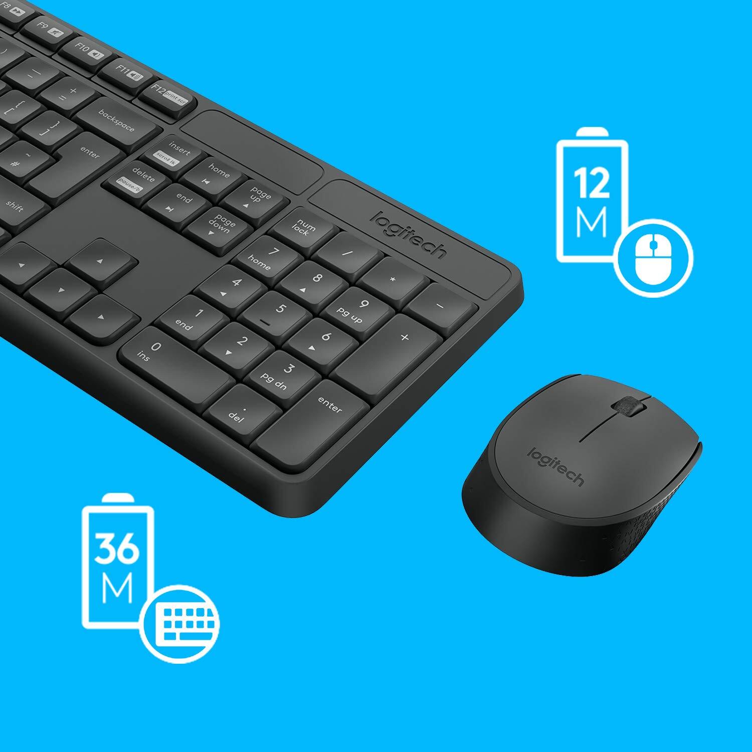 Logitech MK235 Wireless Keyboard and Mouse Combo for Windows, 2.4 GHz Wireless with Nano USB-Receiver, Wireless Mouse, 15 FN Keys, 3-Year Battery Life, PC/Laptop - Black