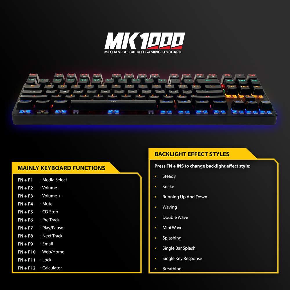 Ant Esports MK1000 Multicolour LED Backlit Wired TKL Mechanical Gaming Keyboard with Blue Switches (Black)