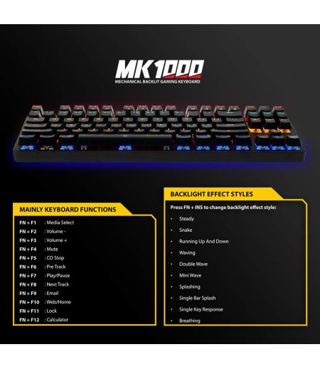 Ant Esports MK1000 Multicolour LED Backlit Wired TKL Mechanical Gaming Keyboard with Blue Switches (Black)