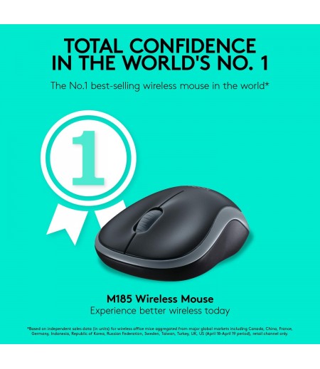 Logitech M185 Wireless Mouse USB for PC Windows, Mac and Linux, Grey with Ambidextrous Design-Black