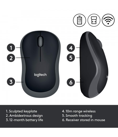 Logitech M185 Wireless Mouse USB for PC Windows, Mac and Linux, Grey with Ambidextrous Design-Black