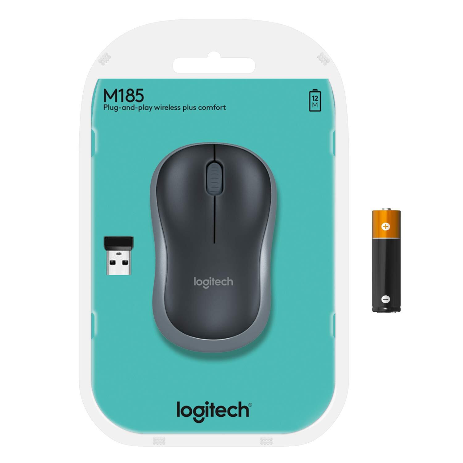 Logitech M185 Wireless Mouse USB for PC Windows, Mac and Linux, Grey with Ambidextrous Design-Black