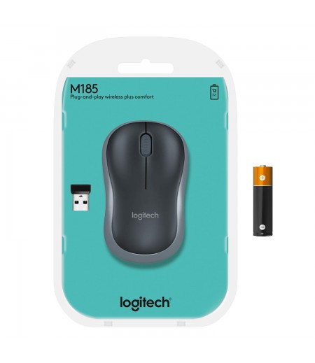 Logitech M185 Wireless Mouse USB for PC Windows, Mac and Linux, Grey with Ambidextrous Design-Black