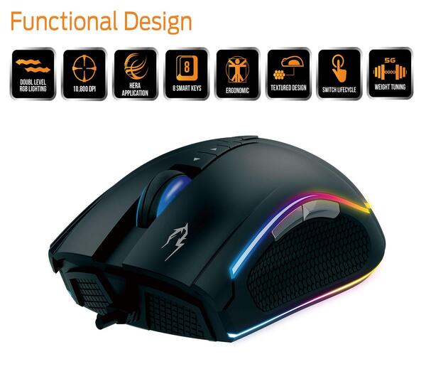 GAMDIAS Optical Gaming Mouse with Double RGB Streaming Light, Hera Software Supported, 8 Programmable Keys, Adjustable 1200 up to 10800 DPI, Weight Tunning System and Gaming Mouse Mat (Zeus M2)