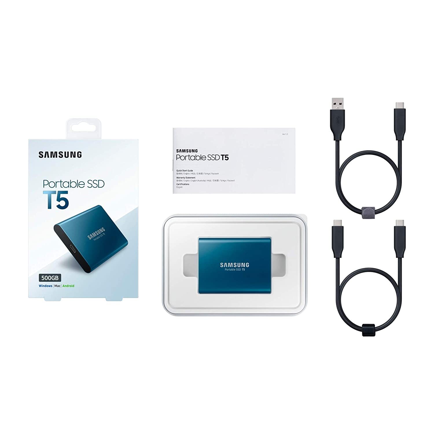 Samsung T5 500GB Up to 540MB/s USB 3.1 Gen 2 (10Gbps, Type-C) External Solid State Drive (Portable SSD) Alluring Blue (MU-PA500B)