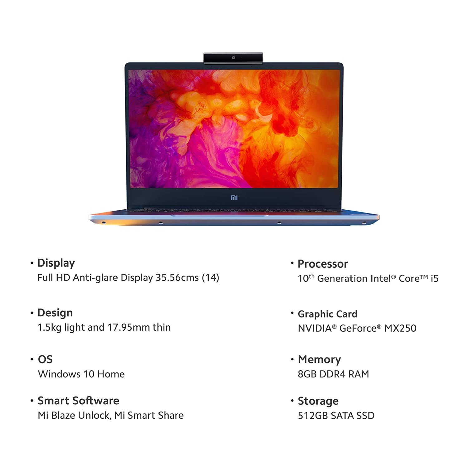 Mi Notebook 14 Intel Core i5-10210U 10th Gen Thin and Light Laptop(8GB/512GB SSD/Windows 10/Nvidia MX250 2GB Graphics/Silver/1.5Kg), XMA1901-DG+Webcam