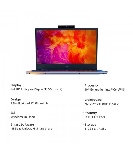 Mi Notebook 14 Intel Core i5-10210U 10th Gen Thin and Light Laptop(8GB/512GB SSD/Windows 10/Nvidia MX250 2GB Graphics/Silver/1.5Kg), XMA1901-DG+Webcam