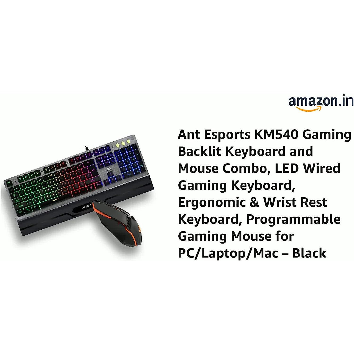 Ant Esports KM540 Gaming Backlit Keyboard and Mouse Combo, LED Wired Gaming Keyboard, Ergonomic & Wrist Rest Keyboard, Programmable Gaming Mouse for PC/Laptop/Mac – Black