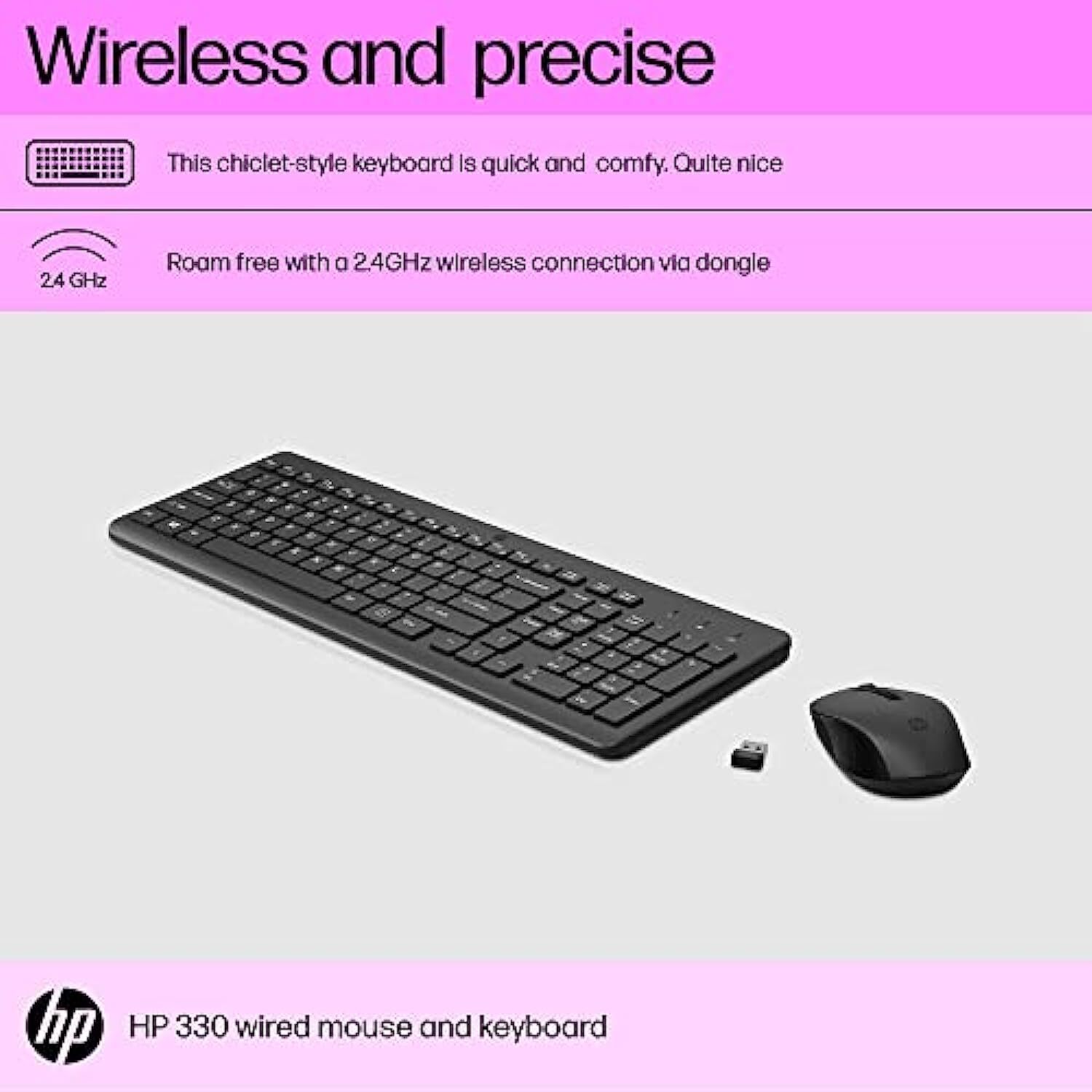 HP 330 Wireless Black Keyboard and Mouse Set with Numeric Keypad, 2.4GHz Wireless Connection and 1600 DPI, USB Receiver, LED Indicators, Black