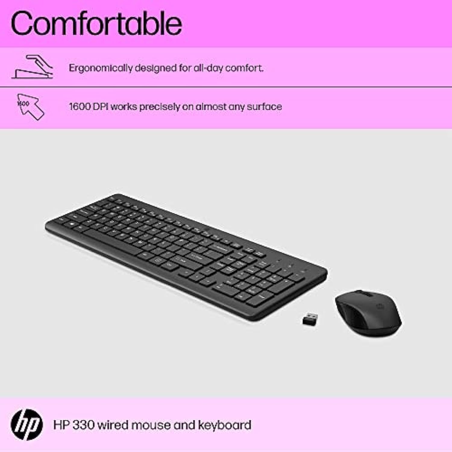 HP 330 Wireless Black Keyboard and Mouse Set with Numeric Keypad, 2.4GHz Wireless Connection and 1600 DPI, USB Receiver, LED Indicators, Black