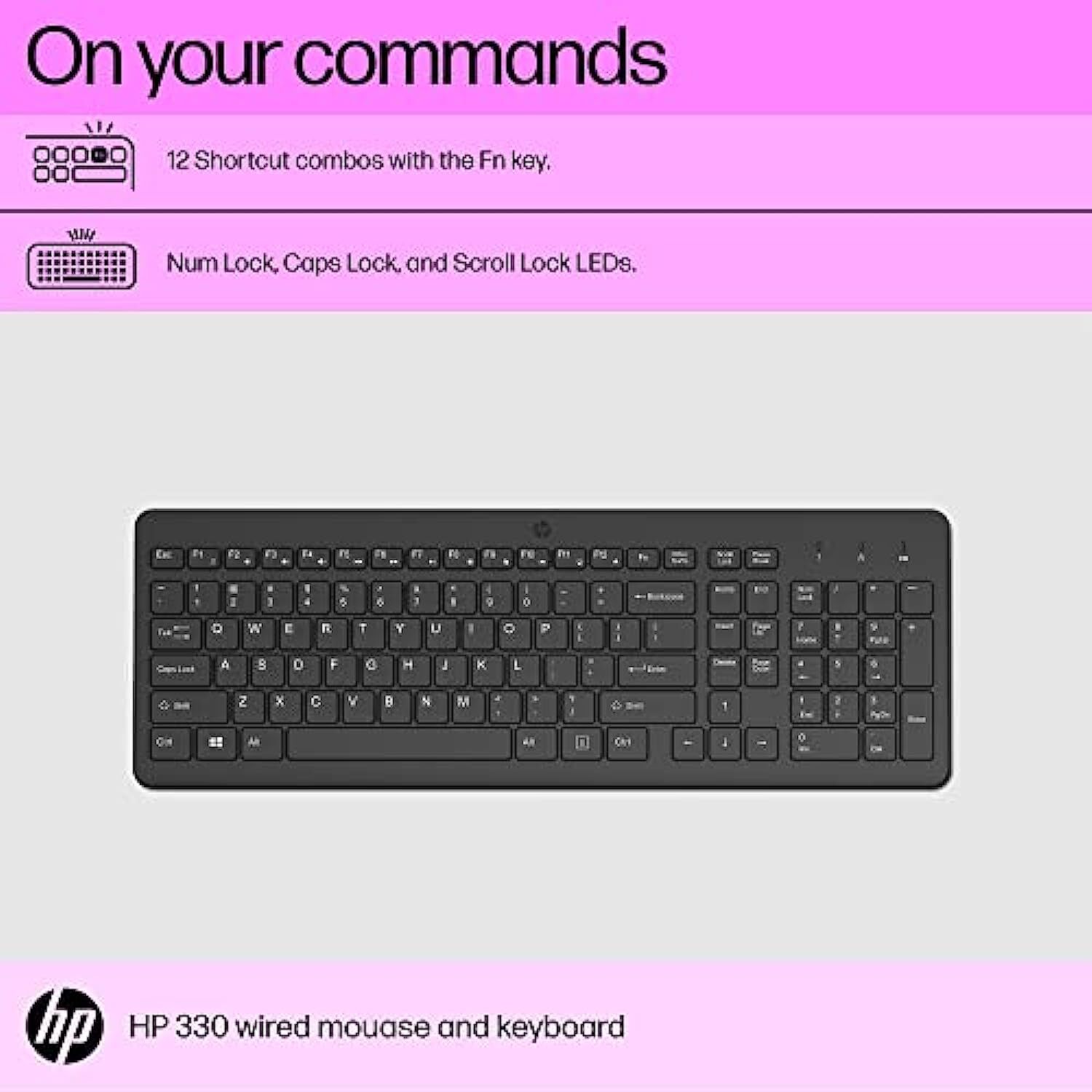 HP 330 Wireless Black Keyboard and Mouse Set with Numeric Keypad, 2.4GHz Wireless Connection and 1600 DPI, USB Receiver, LED Indicators, Black