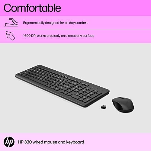 HP 330 Wireless Black Keyboard and Mouse Set with Numeric Keypad, 2.4GHz Wireless Connection and 1600 DPI, USB Receiver, LED Indicators, Black