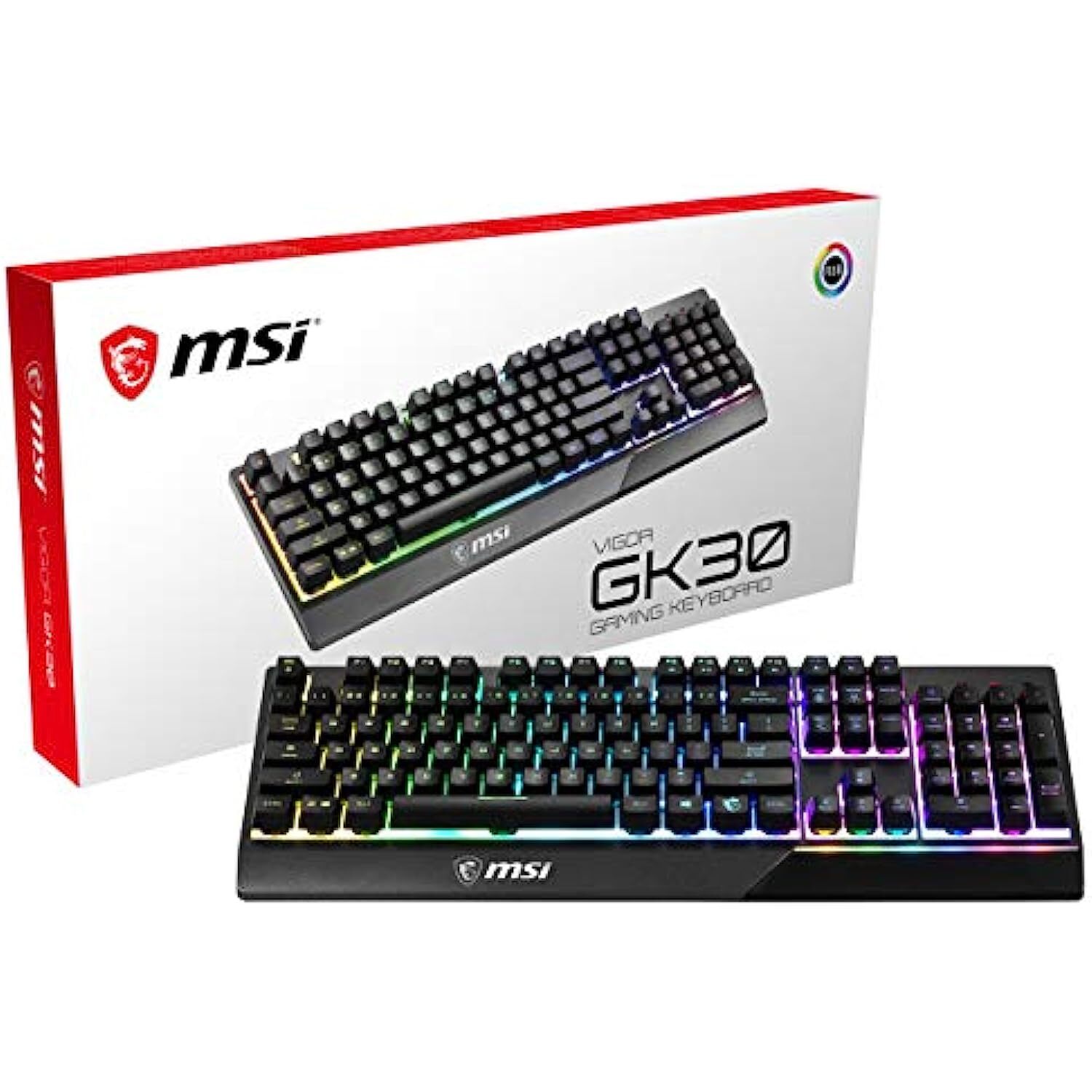 MSI Vigor GK30 RGB Wired Gaming Keyboard, 6-Zone RGB Lighting, Water Repellent & Splash-Proof, Mechanical-Like Plunger Switches