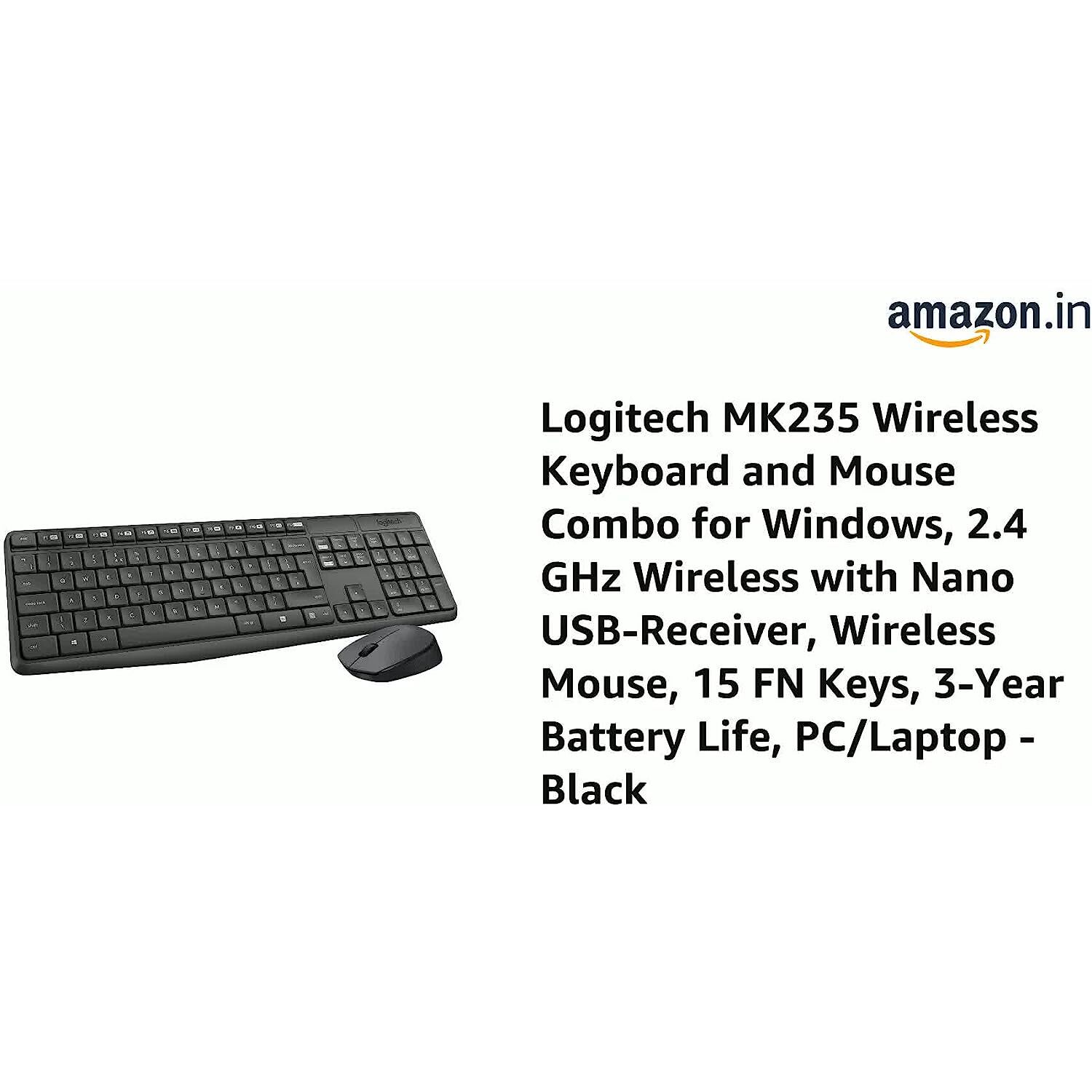 Logitech MK235 Wireless Keyboard and Mouse Set for Windows, 2.4 GHz Wireless Unifying USB Receiver, 15 FN Keys, Long Battery Life, Compatible with PC, Laptop - Black