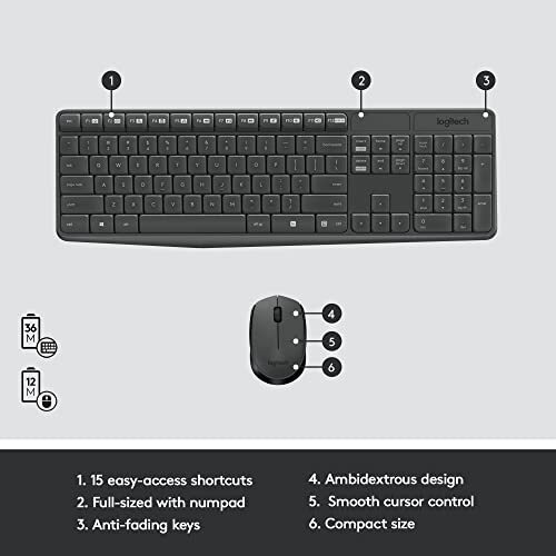 Logitech MK235 Wireless Keyboard and Mouse Set for Windows, 2.4 GHz Wireless Unifying USB Receiver, 15 FN Keys, Long Battery Life, Compatible with PC, Laptop - Black