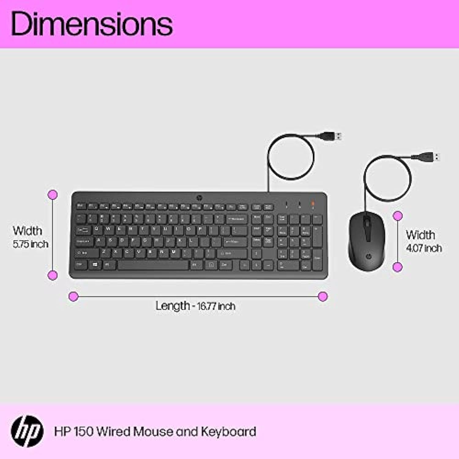 HP 150 Wired Keyboard and Mouse Combo with Instant USB Plug-and-Play Setup, 12 Shortcut Keys, 6° Adjustable Slope Keyboard and 1600 DPI Optical Sensor Mouse (3-Years Warranty, 240J7AA)