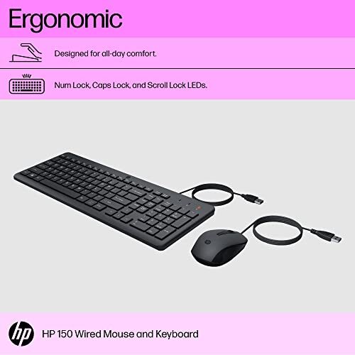 HP 150 Wired Keyboard and Mouse Combo with Instant USB Plug-and-Play Setup, 12 Shortcut Keys, 6° Adjustable Slope Keyboard and 1600 DPI Optical Sensor Mouse (3-Years Warranty, 240J7AA)