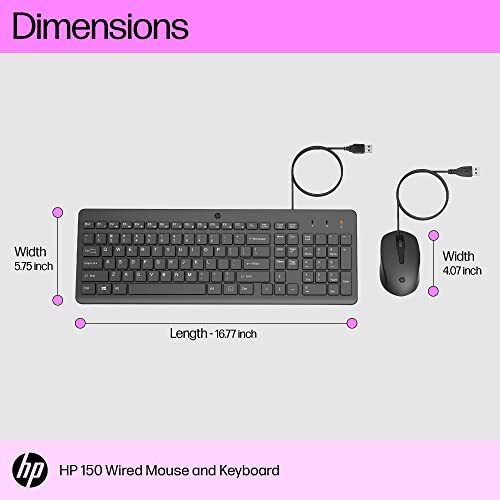 HP 150 Wired Keyboard and Mouse Combo with Instant USB Plug-and-Play Setup, 12 Shortcut Keys, 6° Adjustable Slope Keyboard and 1600 DPI Optical Sensor Mouse (3-Years Warranty, 240J7AA)