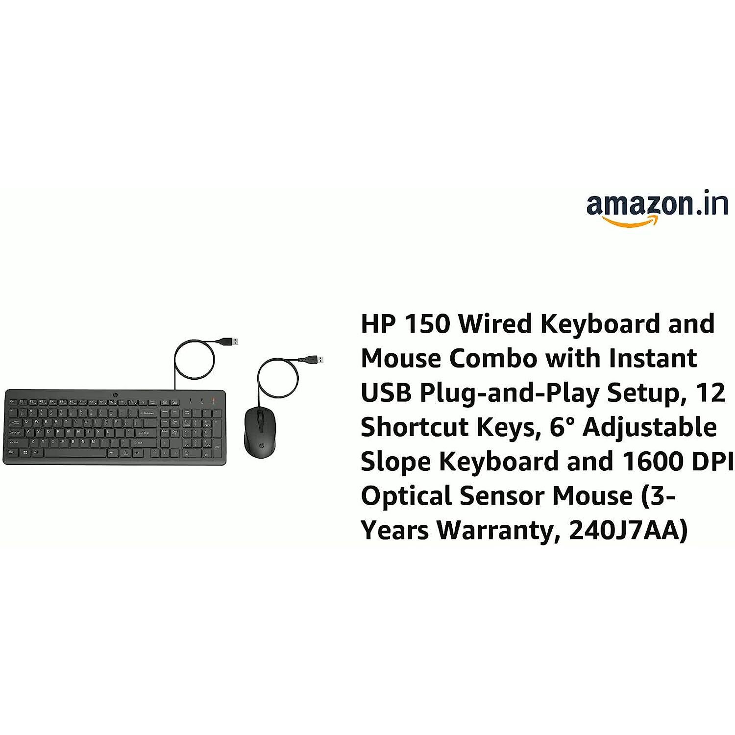 HP 150 Wired Keyboard and Mouse Combo with Instant USB Plug-and-Play Setup, 12 Shortcut Keys, 6° Adjustable Slope Keyboard and 1600 DPI Optical Sensor Mouse (3-Years Warranty, 240J7AA)