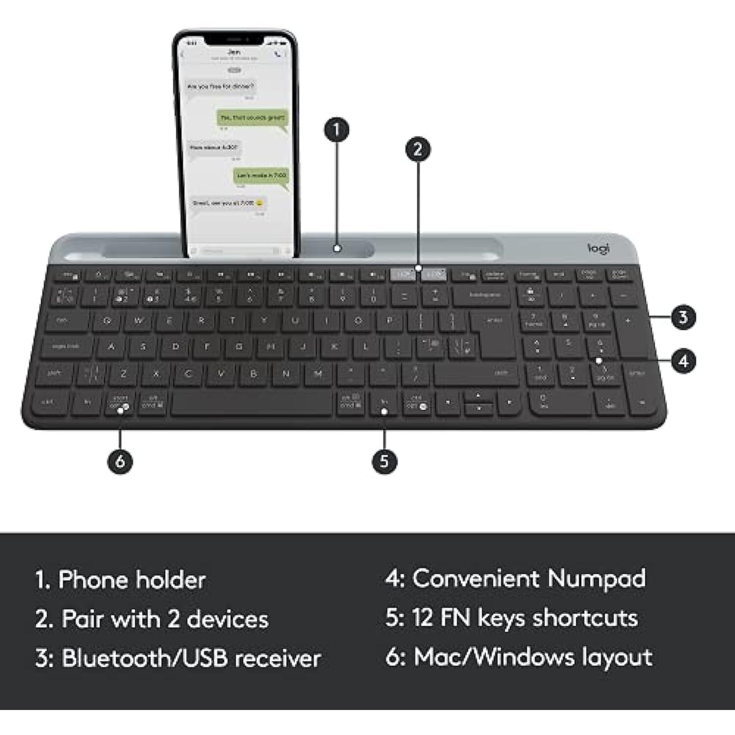 Logitech K580 Slim Multi-Device Wireless Keyboard    Bluetooth/Receiver, Compact, Easy Switch, 24 Month Battery, Win/Mac, Desktop, Tablet, Smartphone, Laptop Compatible - Graphite