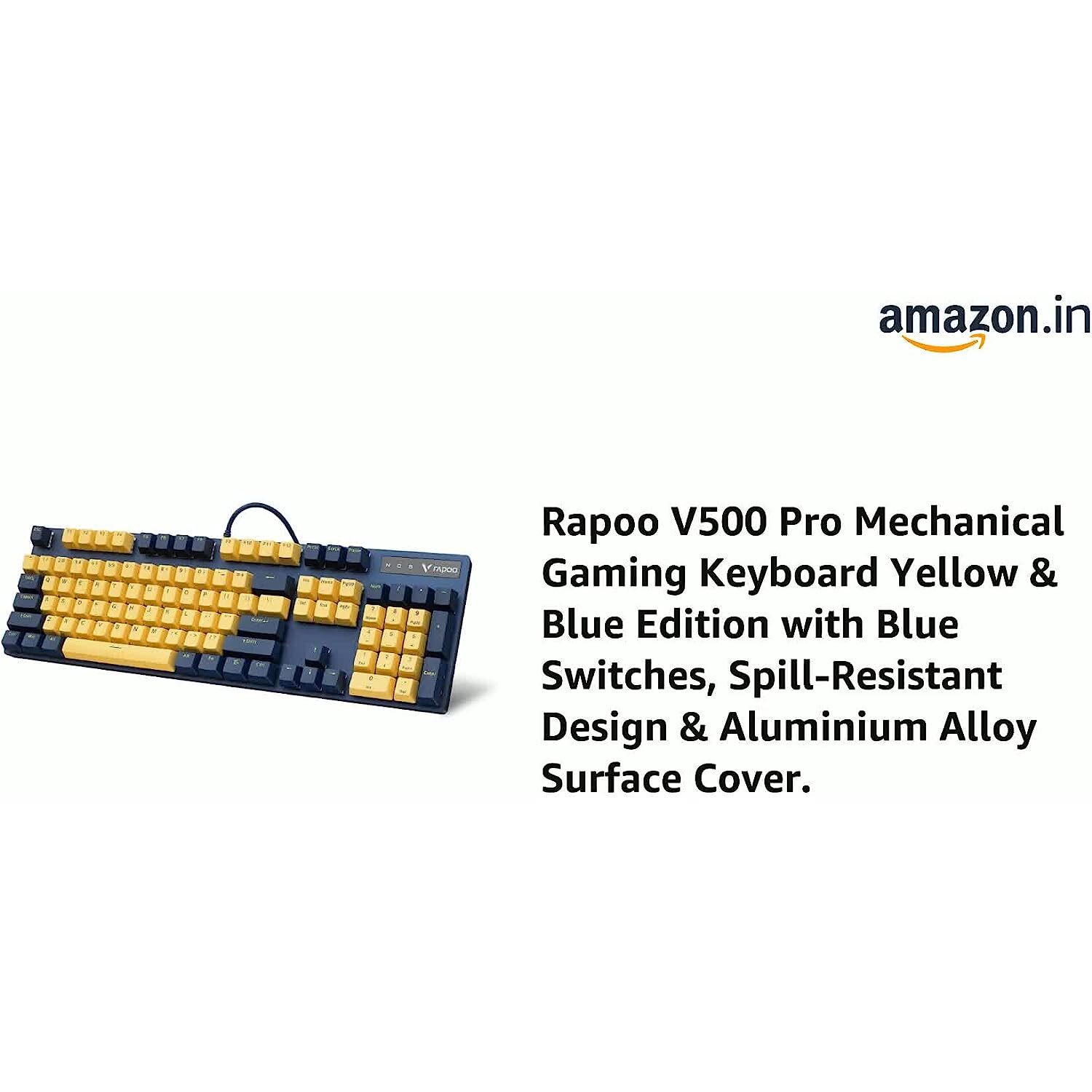 Rapoo V500 Pro Mechanical Gaming Keyboard Yellow & Blue Edition with Blue Switches, Spill-Resistant Design & Aluminium Alloy Surface Cover.