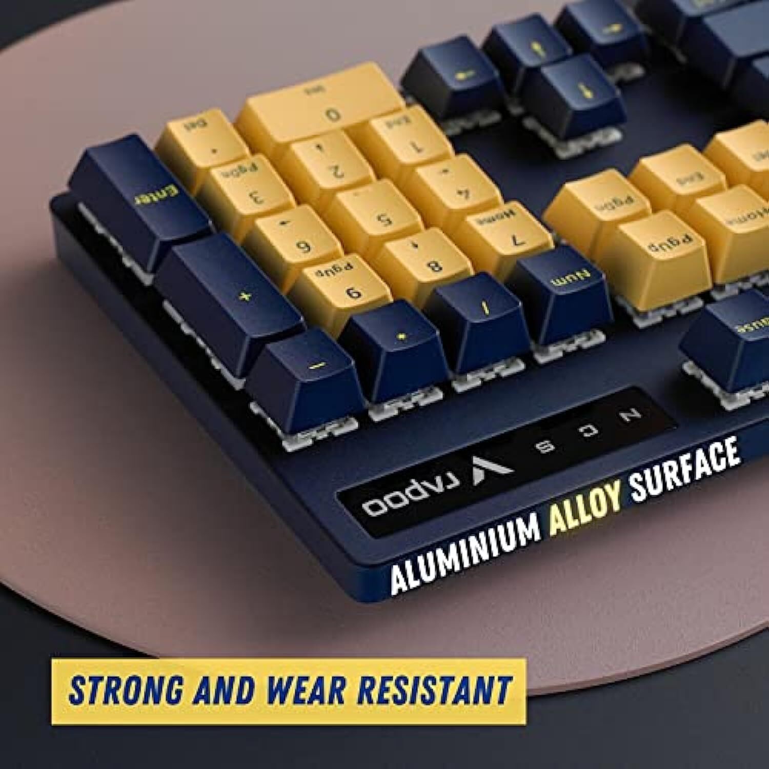 Rapoo V500 Pro Mechanical Gaming Keyboard Yellow & Blue Edition with Blue Switches, Spill-Resistant Design & Aluminium Alloy Surface Cover.