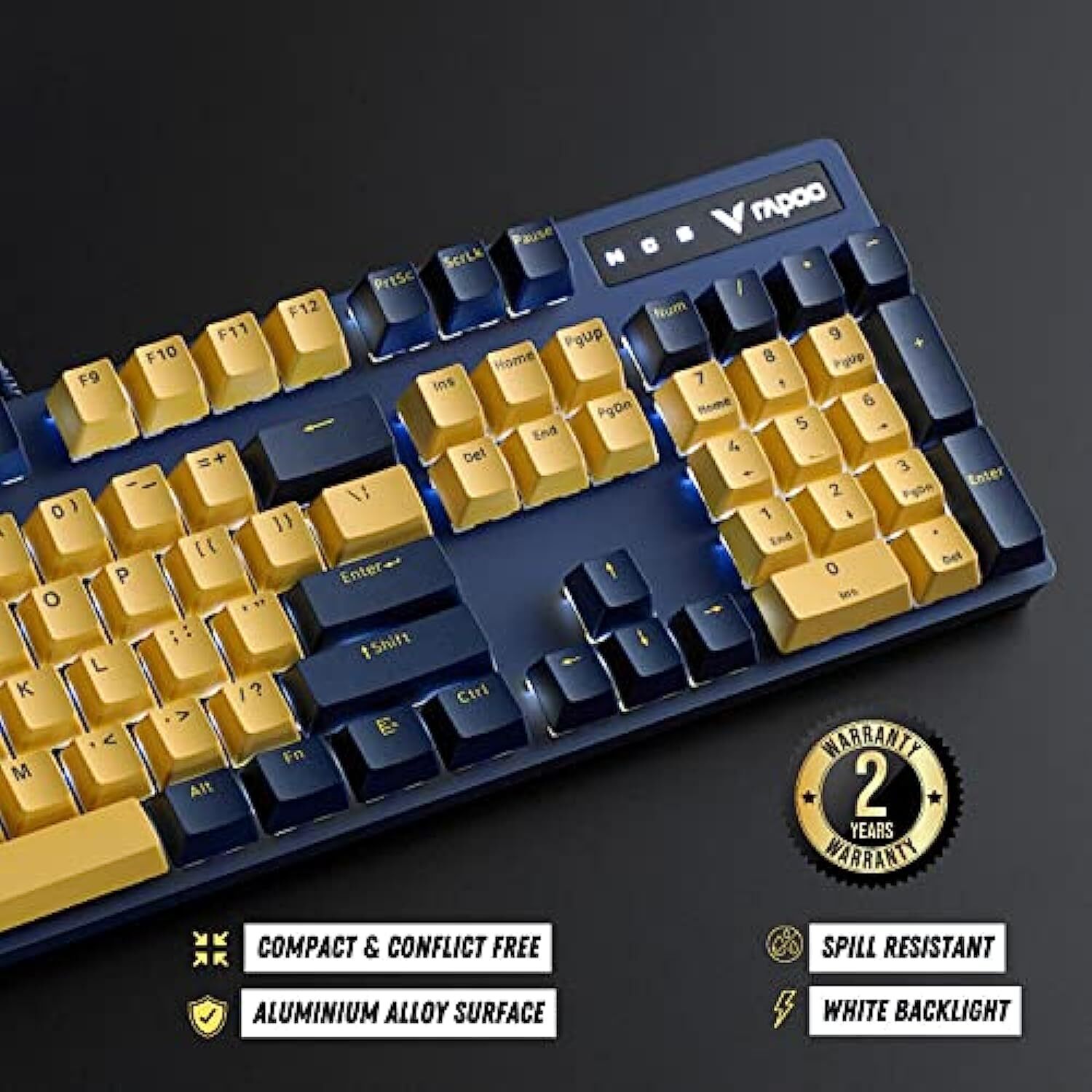 Rapoo V500 Pro Mechanical Gaming Keyboard Yellow & Blue Edition with Blue Switches, Spill-Resistant Design & Aluminium Alloy Surface Cover.