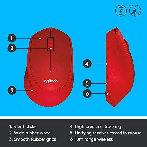 Logitech M331 Silent Plus Wireless Mouse, 2.4GHz with USB Nano Receiver, 1000 DPI Optical Tracking, 3 Buttons, 24 Month Life Battery, PC/Mac/Laptop - Red