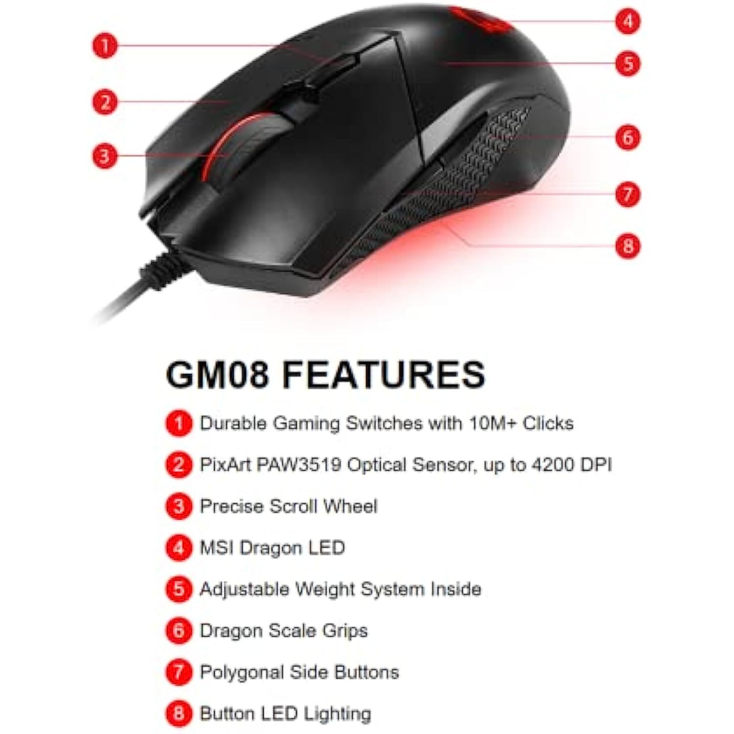 MSI Clutch GM08 Wired Gaming Mouse - PixArt PAW 3519 Optical Sensor, Up to 4200 DPI, Adjustable Weight Systems, Interchangeable DPI Settings, Gaming Switches, for PC and Laptop