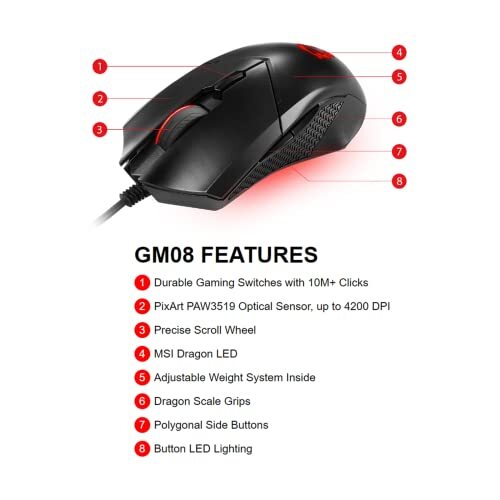 MSI Clutch GM08 Wired Gaming Mouse - PixArt PAW 3519 Optical Sensor, Up to 4200 DPI, Adjustable Weight Systems, Interchangeable DPI Settings, Gaming Switches, for PC and Laptop