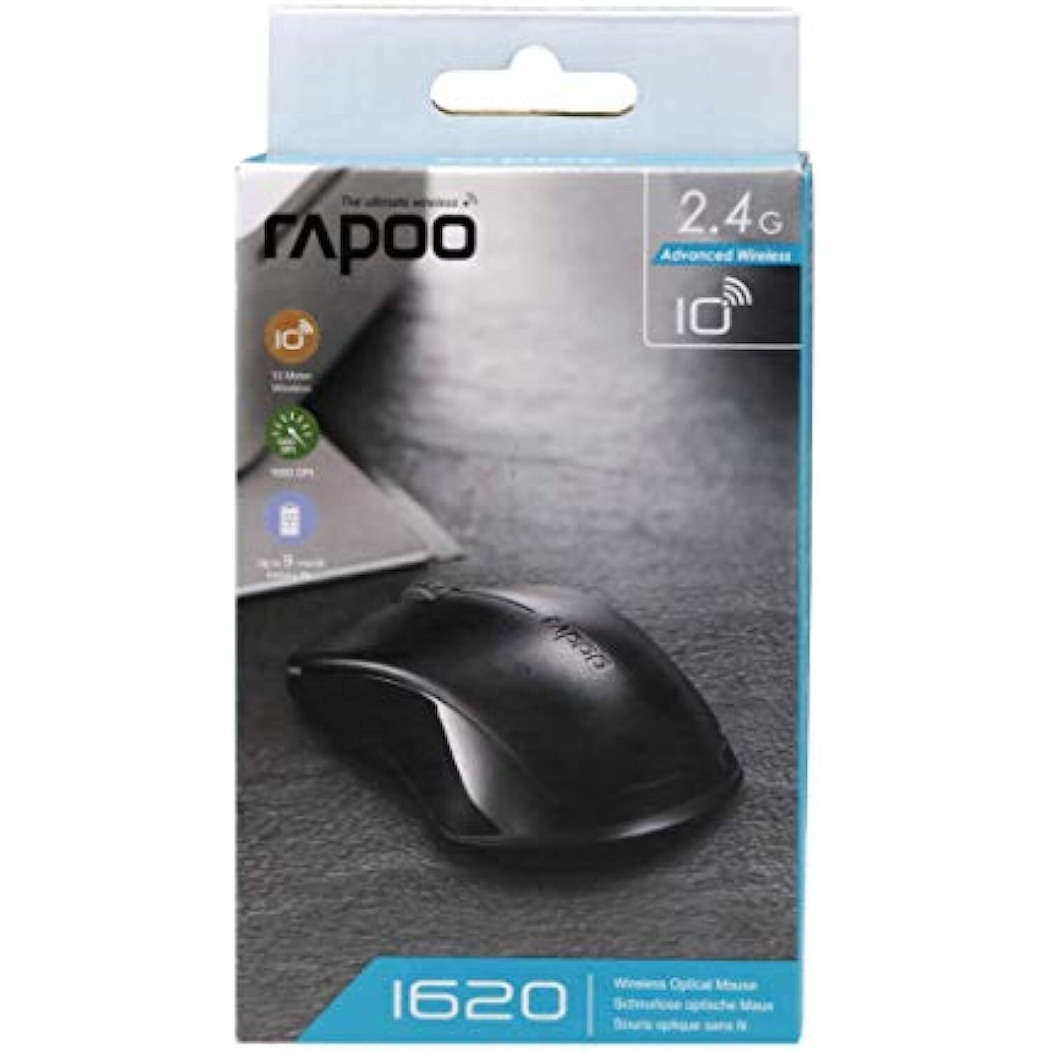 RAPOO 1620 Wireless Mosuse, 2.4 GHz with USB Nano Receiver, Optical Tracking, Ambidextrous, PC/Mac/Laptop - Black