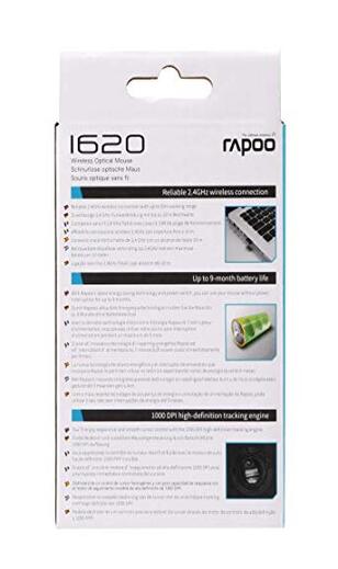 RAPOO 1620 Wireless Mosuse, 2.4 GHz with USB Nano Receiver, Optical Tracking, Ambidextrous, PC/Mac/Laptop - Black