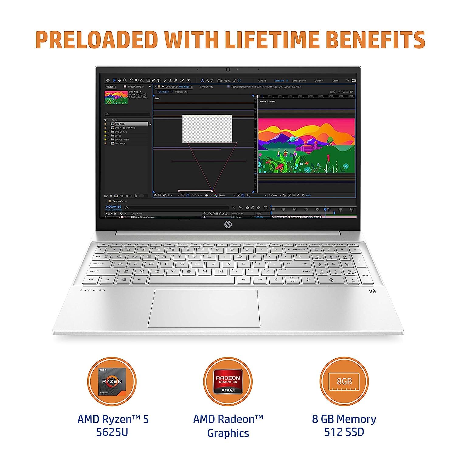 HP Pavilion 15 AMD Ryzen 5-5625U 8Gb Ram/512Gb Ssd 15.6 Inches Laptop Fhd IPS Micro-Edge Display/Radeon Graphics/Windows 11 Home/Backlit Kb/Alexa/B&O Audio/Ms Office 2021, 15-Eh2018Au, Natural Silver