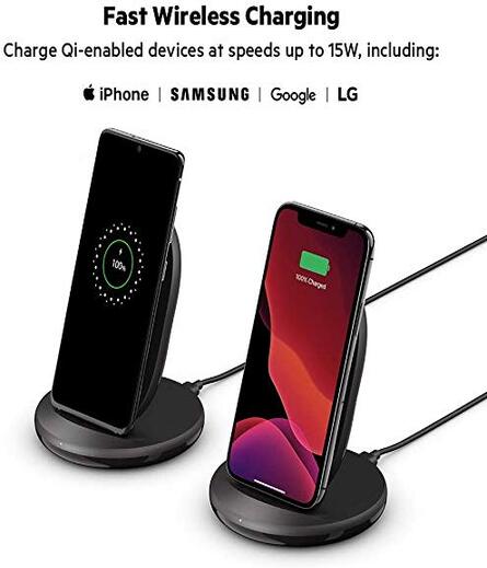 Belkin 15W Wireless Charging Stand Compatible for iPhone, 14/14 Plus, 14 Pro, Pro max, iPhone 13 & 12 Series, Samsung Galaxy, Google Pixel and Others Qi Enabled Devices (Adapter Not Included)-Black