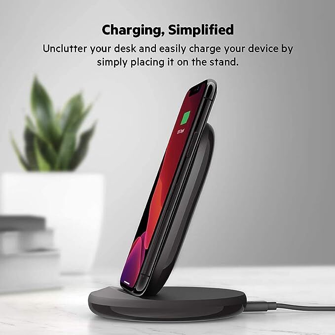 Belkin 15W Wireless Charging Stand Compatible for iPhone, 14/14 Plus, 14 Pro, Pro max, iPhone 13 & 12 Series, Samsung Galaxy, Google Pixel and Others Qi Enabled Devices (Adapter Not Included)-Black