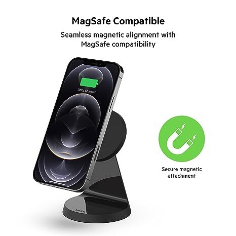 Belkin Magnetic Wireless Charger with Stand Magsafe Compatible for iPhone 13, 13 Pro, 13 Pro Max, 13 Mini, iPhone 12, 12 Pro, 12 Pro Max, 12 Mini, Cellular Phones (Black) - Power Supply Not Included