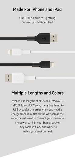 Belkin Apple Certified Lightning to USB A and Sync Cable for iPhone, iPad, Air Pods, 6.6 feet (2 meters) – Black