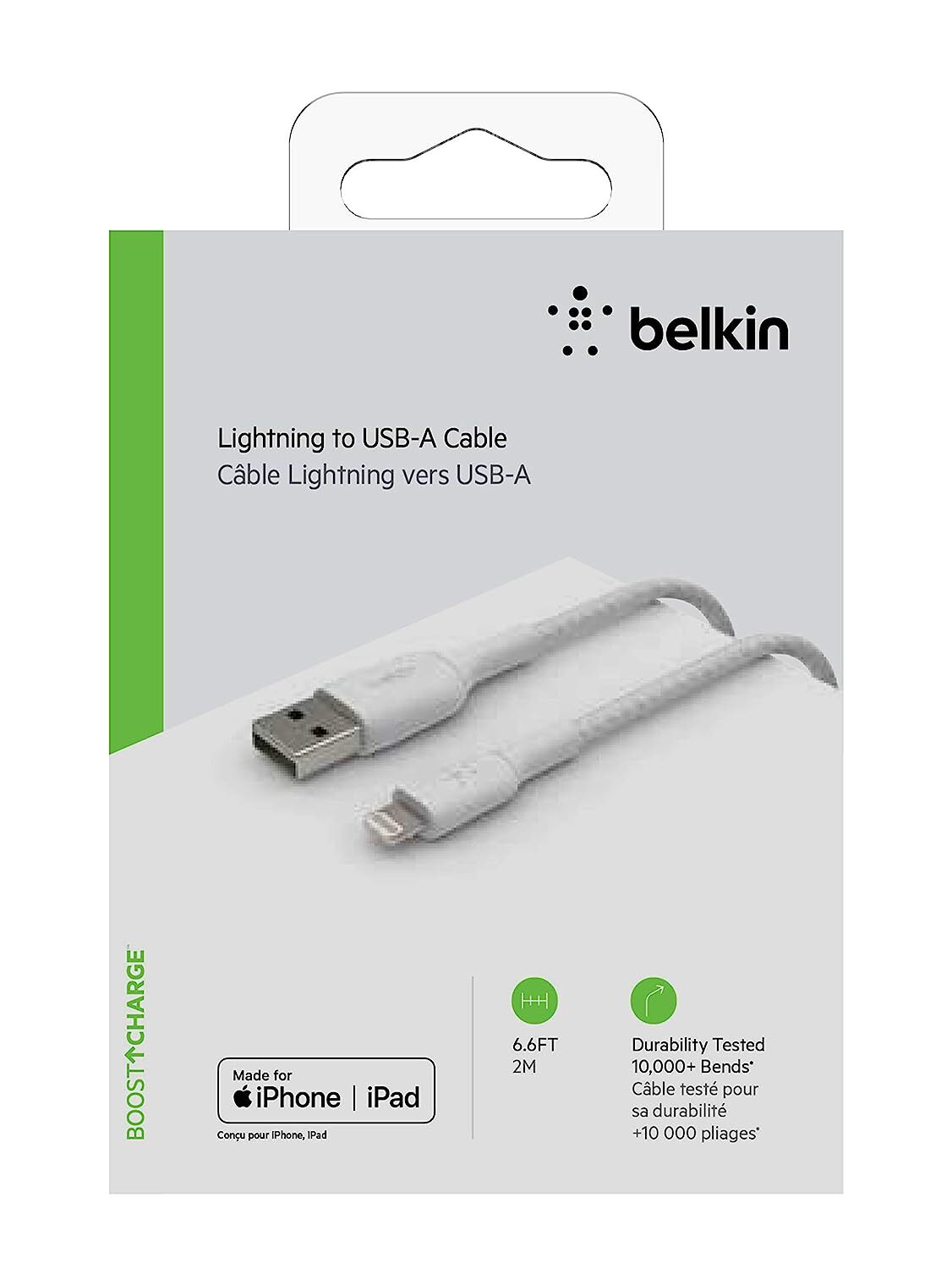 Belkin Apple Certified Lightning to USB A and Sync Tough Braided Cable for iPhone, iPad, Air Pods, 6.6 feet (2 meters) – White