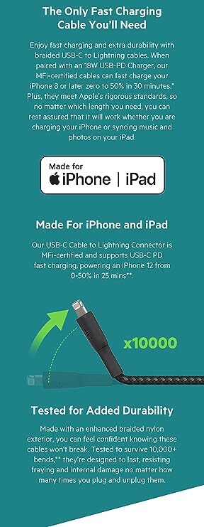 Belkin Apple Certified Lightning to Type C Cable, Tough Unbreakable Braided Fast Charging for iPhone, iPad, Air Pods, 3.3 feet (1 meters) – Black