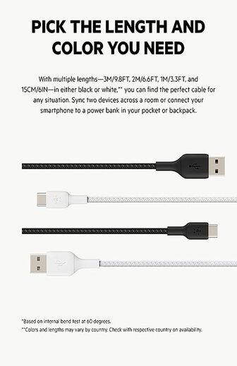 Belkin USB C to USB-A 2.0, Type C cable Tough Unbreakable Braided Nylon material 6.6 feet (2 meter), USB-IF Certified, Supports Fast Charging - Black