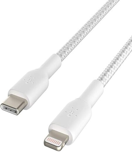 Belkin BoostCharge Nylon Braided USB C to Lightning Cable 6.6ft/2M - MFi Certified 18W Power Delivery iPhone Charger Cord - Apple Charger USB C Cable - Fast Charging for iPhone 14, iPhone 13 - White