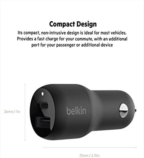 Belkin 37W Dual Port Fast Car Charger, USB Type C 25W PPS Port and USB A 12W Port for Galaxy S21, Ultra, 5G, Plus, Note 20, iPhone 13, 12, 11, Pro, Max, Mini and More, CCB004BTBK - Black-M00000001642