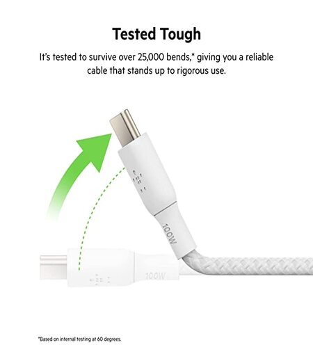 Belkin USB-C to USB-C Fast Charging PD supports up to 100W Charge and Sync Ultra Flexible Silicone, Double Nylon Braided Cable, USB-IF Certified 6.6 feet (2 meters) – White