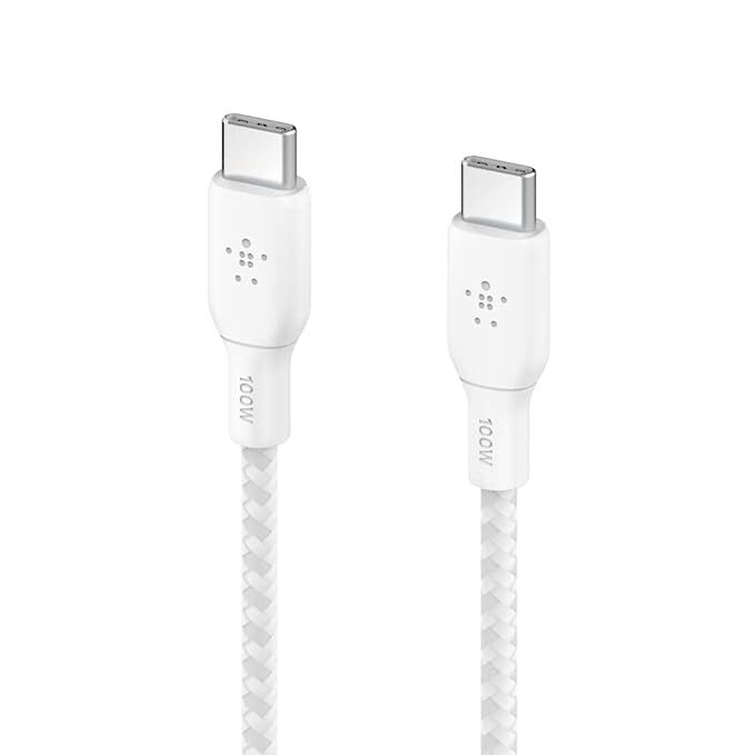 Belkin USB-C to USB-C Fast Charging PD supports up to 100W Charge and Sync Ultra Flexible Silicone, Double Nylon Braided Cable, USB-IF Certified 9.9 feet (3 meters) – White