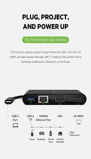 Belkin USB-C Multimedia + Charge Adapter (100W) with Tethered USB-C Cable - Interface Hub with USB-A 3.2 Gen Port, Ethernet Port, VGA Port, and 4K HDMI Port, with USB-C Pass Through Charge - Black