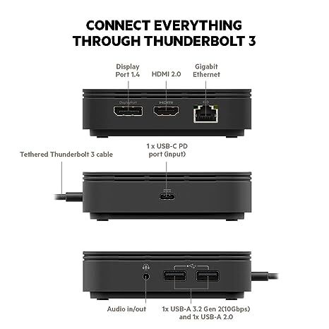 Belkin Thunderbolt 3 Dock Core w/Thunderbolt 3 Cable (Thunderbolt Dock for Mac and Windows) Dual 4K @60Hz, 40Gbps Transfer Speeds, 60W Upstream Charging (F4U110bt) - Black