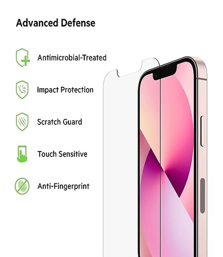 Belkin SCREENFORCE™ iPhone 14, iPhone 13/13 Pro Tempered Glass Antimicrobial-Treated, Crystal Clear, Multi-Level Protection, Easy Align Tray Included for Precise Installation