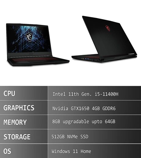 MSI Gaming GF63 Thin, Intel 11th Gen. i5-11400H, 40CM FHD 144Hz Gaming Laptop (8GB/512GB NVMe SSD/Windows 11 Home/Nvidia GTX1650 4GB GDDR6/ Black/1.86Kg), 11SC-853IN