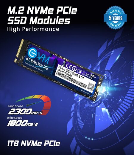 EVM 1TB Internal SSD - M.2 NVMe PCIe (2280) - High-Speed Performance Up to 2300MB/s Read & 1800MB/s Write Speed with Low Power Consumption - Compatible with Gaming PCs & High-Performance Workstations- 5 Year Warranty (EVMNV/1TB)